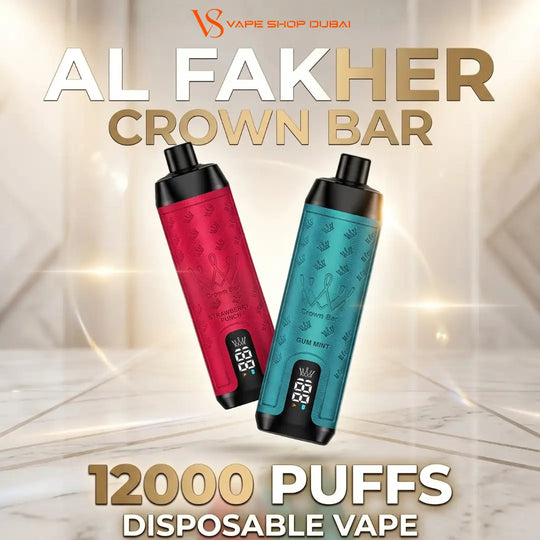 Two disposable vape devices shown against a softly lit marble-like background. One device is bright pink with a black top and bottom, and the other is teal-blue with a black top and bottom.