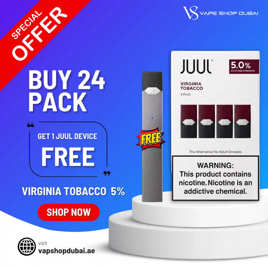Promotional graphic for a JUUL Virginia Tobacco 5% nicotine pouch pack, showing one device and its retail box on a white pedestal against a blue gradient background with sale text and a 'Special Offer' banner.