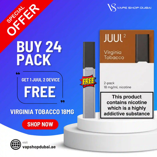 Promotional graphic for a JUUL 2 Virginia Tobacco 18mg 2-pack nicotine product, showing the disposable vape device, its retail box, and a white display pedestal on a blue gradient background with text offering a free device with a 24-pack purchase.