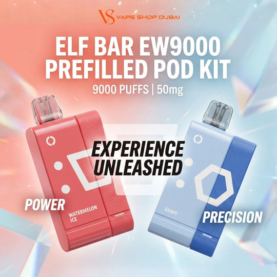 Promotional graphic for the ELF BAR EW9000 prefilled pod kit by Vape Shop Dubai, showing two device pods: a pink Watermelon Ice pod labeled 'POWER' and a light blue Grape pod labeled 'PRECISION', with text indicating 9000 puffs and 50mg.