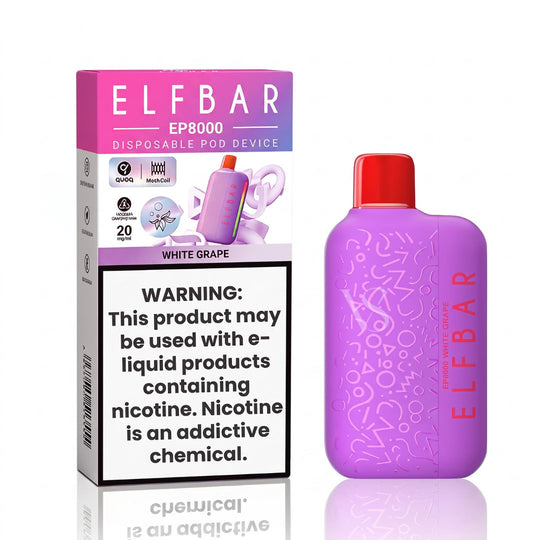 ELFBAR EP8000 White Grape disposable pod device next to its retail packaging box, featuring a purple body with embossed text and a red cap, on a white background with a reflection.