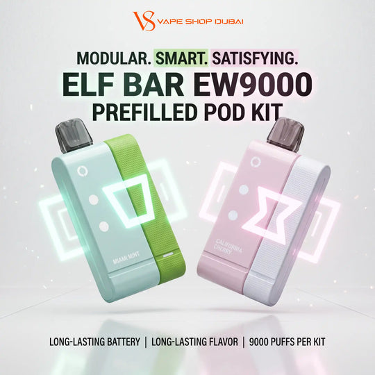 Promotional graphic for the Elf Bar EW9000 prefilled pod kit by Vape Shop Dubai, showing two device kits side by side: one in mint green and white labeled 'Mint Mint' and one in pastel pink and white labeled 'California Sweet'. Large text at the top reads 'ELF BAR EW9000 PREFILLED POD KIT' and smaller text at the bottom highlights long-lasting battery, flavor, and 9000 puffs per kit.