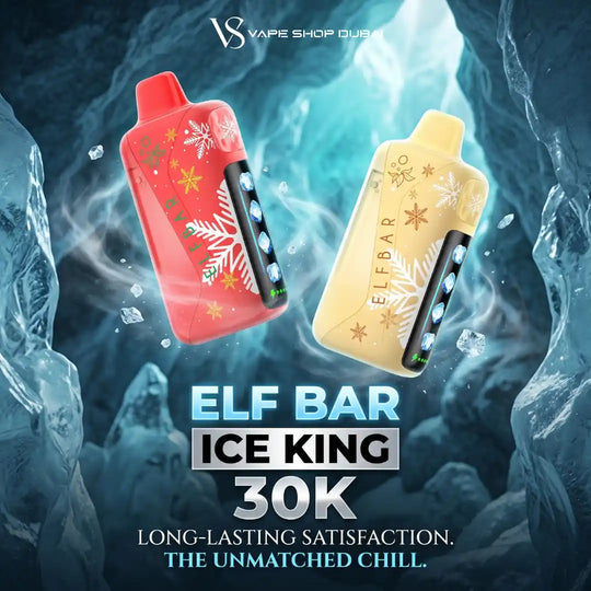Two Elf Bar disposable vape devices floating in an icy blue cave scene. One is red with white snowflakes and gold accents, and the other is pale yellow with gold snowflakes and accents.