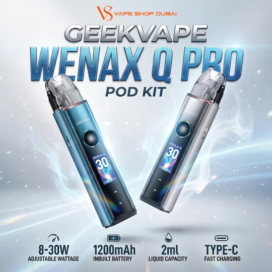 Geekvape Wenax Q Pro Pod Kit vape device shown in two metallic blue and silver finishes against a glowing light blue background with product specs at the bottom.