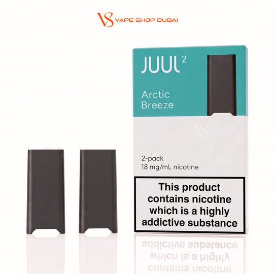 Juul Arctic Breeze 2-pack disposable vape packaging with two black vape pods displayed in front on a white reflective background.