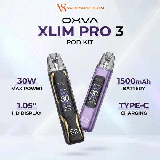 Promotional graphic for the OXVA Xlim Pro 3 Pod Kit vape device, showing two color variants: a black and gold version and a purple version. The image includes marketing text highlighting features such as 30W max power, 1.