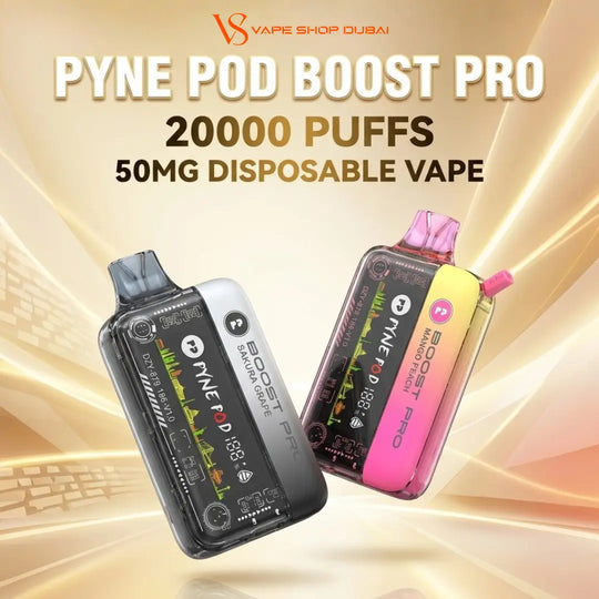 Two Pyne Pod Boost Pro disposable vape devices shown against a golden abstract background with promotional text reading 'PYNE POD BOOST PRO', '20000 PUFFS', and '50MG DISPOSABLE VAPE'. One vape is black and white, and the other is black, pink, and yellow.