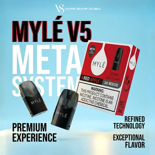 Mylé V5 Meta System Red Apple disposable vape and its packaging box, shown against a light blue gradient background with promotional text.