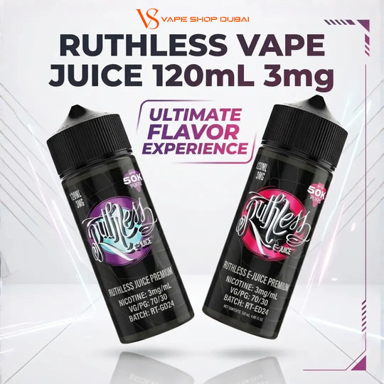 Two black bottles of Ruthless Vape Juice 120mL 3mg e-liquid shown on a white graphic background with large promotional text and the VS Vape Shop Dubai logo.
