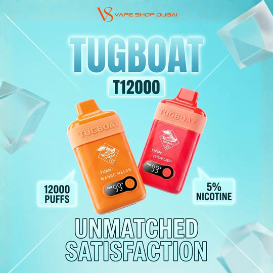 Promotional graphic for TUGBOAT T12000 disposable vape devices. Two vapes are shown side-by-side: one orange labeled Mango Melon and one red labeled Watermelon, with text overlays indicating 12000 puffs and 5% nicotine.