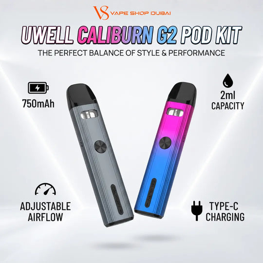 Two UWELL Caliburn G2 pod kits shown on a light gray promotional background with feature icons and text. One device is dark gray/black, and the other has a blue-to-pink gradient finish.