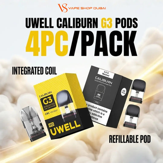 Promotional graphic for UWELL Caliburn G3 pods showing a 4-pack of disposable vape pods, including a yellow and black UWELL G3 box, a black UWELL box, and two pod devices, with text reading '4PC/PACK', 'INTEGRATED COIL', and 'REFILLABLE POD'.