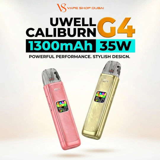 Two Uwell Caliburn G4 disposable vape devices floating against a light gradient background, one in metallic pink and one in metallic gold, with large promotional text above reading 'Uwell Caliburn G4 1300mAh 35W'.