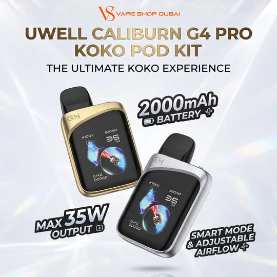 Promotional graphic for the UWELL Caliburn G4 Pro Koko Pod Kit by Vape Shop Dubai, showing two vape pods: one gold and one silver, with text highlighting 2000mAh battery, 35W output, and smart mode adjustable airflow.