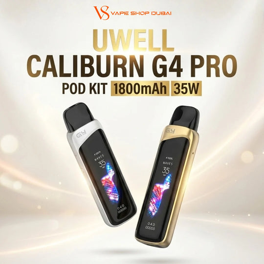 Two UWELL Caliburn G4 Pro pod kit vape devices shown on a light beige background with promotional text. One device is silver and black, and the other is gold and black.