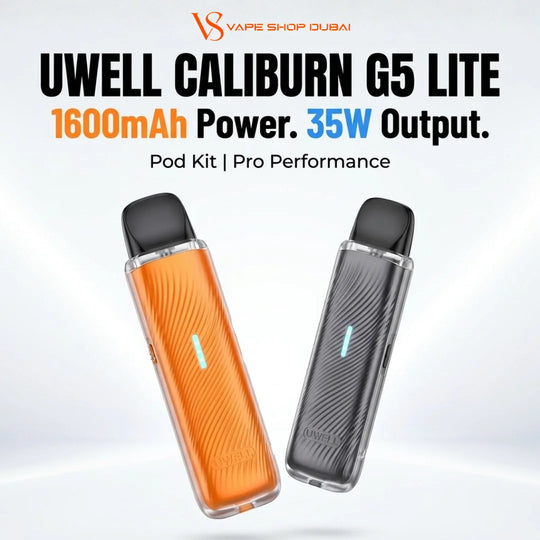 Two Uwell Caliburn G5 Lite pod devices shown on a white background with promotional text. One device is orange with a black mouthpiece and a light blue indicator light, and the other is dark gray/black with a black mouthpiece and a light blue indicator light.