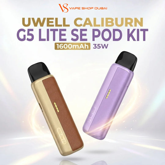 Two UWELL Caliburn G5 Lite SE Pod Kit vape devices floating on a light gradient background with promotional text. One device is metallic gold with a brown center panel and black mouthpiece.