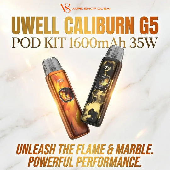Two Uwell Caliburn G5 pod kit vape devices shown on a white marble background with promotional text. One device has a translucent amber-orange marbled finish, and the other has a black body with gold flame-like graphics.