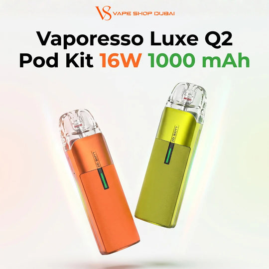 Two Vaporesso Luxe Q2 vape pods shown on a light gradient background with promotional text reading 'Vaporesso Luxe Q2 Pod Kit 16W 1000 mAh'. One pod is orange and the other is yellow-green, both with transparent tops and small green indicator details.