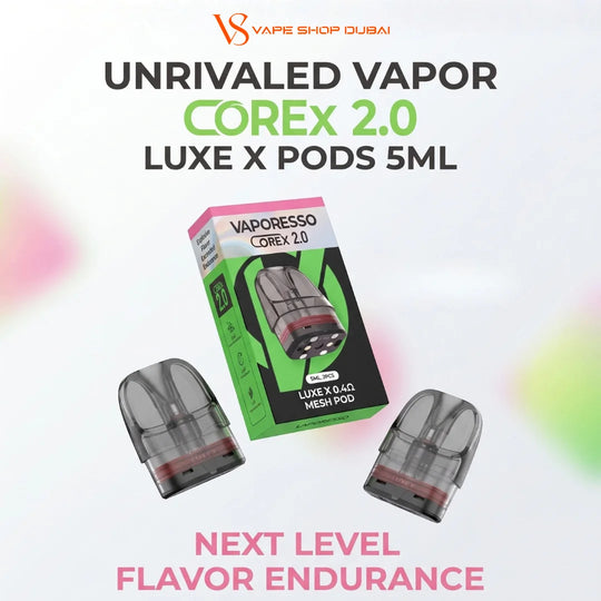 Vaporesso Corex 2.0 Luxe X Pods 5ML disposable vape pods shown with their retail box on a light gray background with colorful blurred accents.