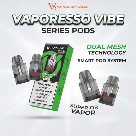 Vaporesso Vibe Series Pods dual mesh smart pod system, featuring a green and black retail box and four transparent pods with dark gray and reddish-brown liquid inside, set against a light gray background with promotional text.