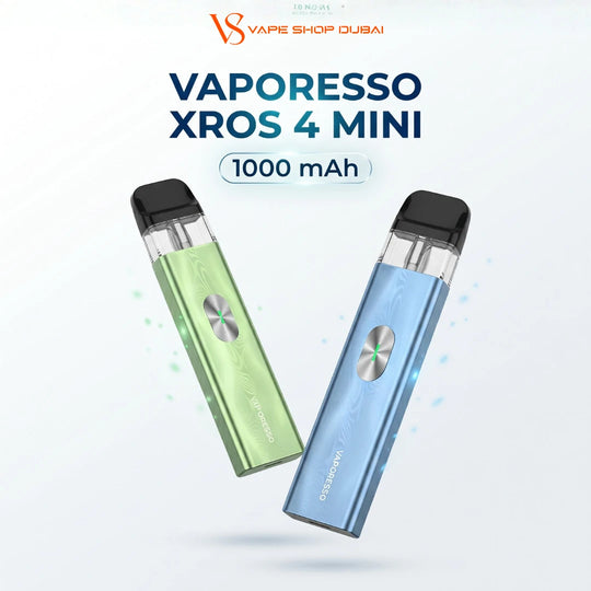 Two Vaporesso Xros 4 Mini disposable vape devices floating against a light background, one in mint green and one in light blue, with text reading 'VAPORESSO XROS 4 MINI' and '1000 mAh'.