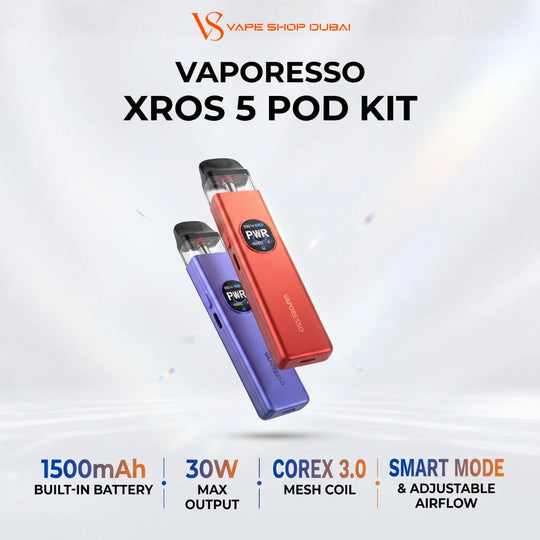 Vaporesso Xros 5 Pod Kit featuring two vape pods floating in the center: one metallic red and one metallic purple, with promotional text and specifications at the top and bottom on a light gray background.