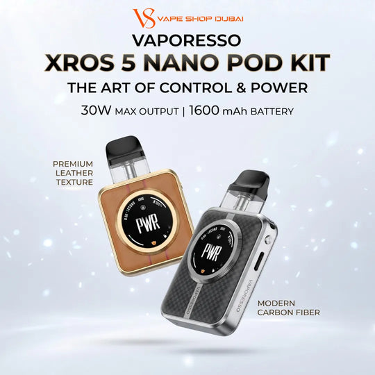 Vaporesso Xros 5 Nano Pod Kit vape device set featuring a gold leather-texture model and a silver carbon fiber model, with promotional text on a light background.