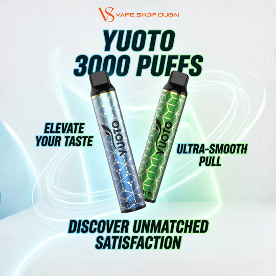 Promotional graphic for Yuoto 3000 Puffs disposable vape devices. Two slim vape pens are shown diagonally: one with a blue-to-silver geometric pattern and one with a green-to-teal geometric pattern.