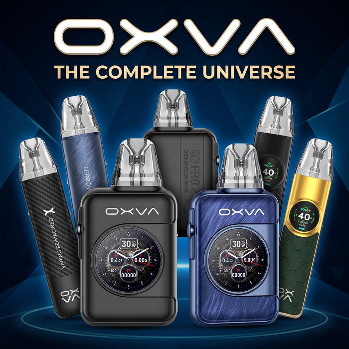 A promotional product graphic showing multiple OXVA disposable vape devices arranged together on a dark blue graphic background with the text 'OXVA THE COMPLETE UNIVERSE' at the top. 