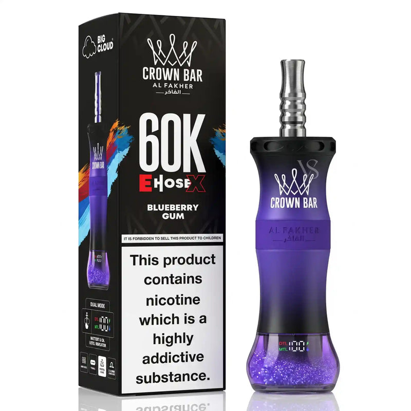 Al Fakher Crown Bar 60K HoseX Blueberry Gum disposable vape pen next to its black packaging box, featuring a purple gradient body with glitter and a silver mouthpiece.