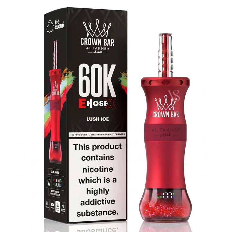 A red Crown Bar Al Fakher E-HoseX 60K disposable vape device next to its black packaging box on a white background.