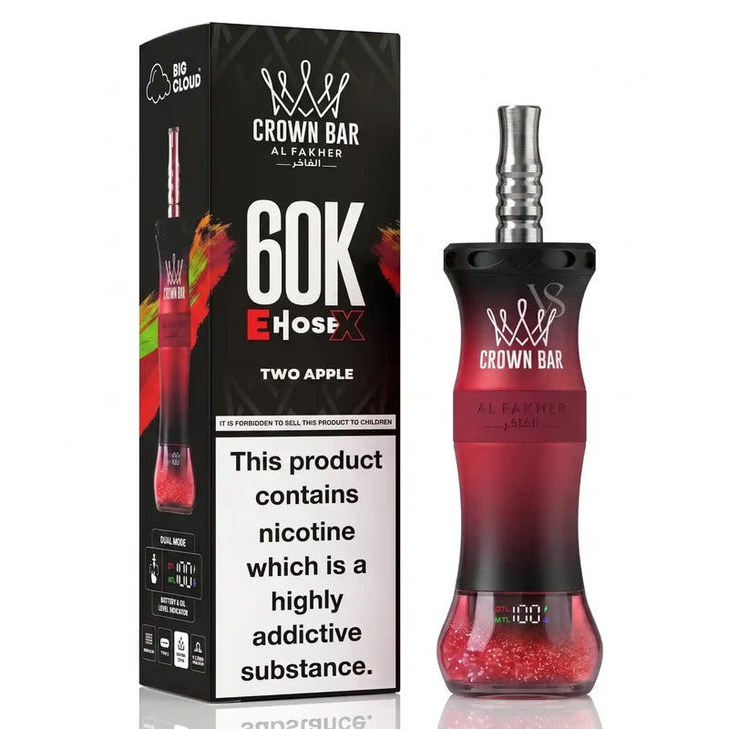 Al Fakher Crown Bar Hosex 60K Two Apple disposable vape device next to its black packaging box, featuring a red gradient design and a prominent nicotine warning label.