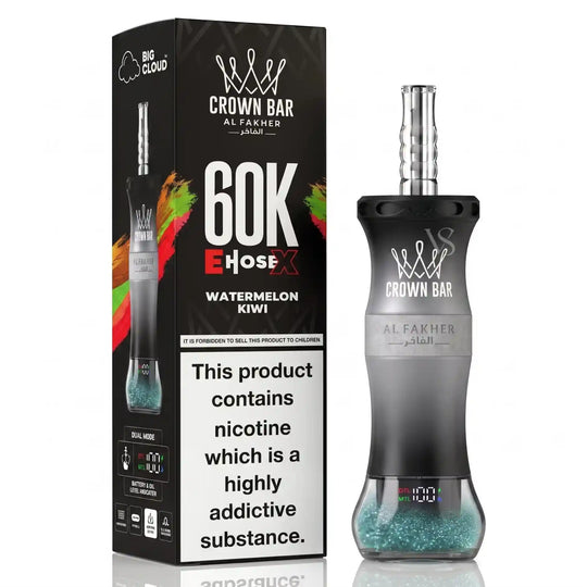 A Crown Bar Al Fakher 60K E-HoseX disposable vape device in Watermelon Kiwi flavor, shown next to its black packaging box on a white background with a subtle reflection.