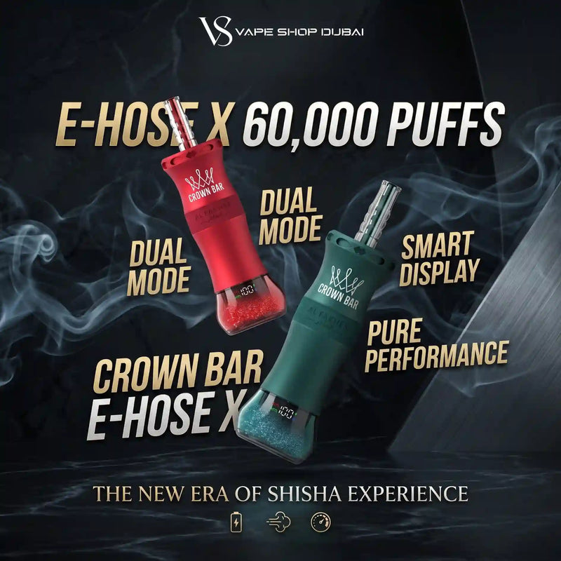Promotional graphic for the Crown Bar E-HOSE X disposable vape device, showing two units side-by-side in red and teal with smoke effects and text overlays highlighting features like '60,000 PUFFS', 'DUAL MODE', 'SMART DISPLAY', and 'PURE PERFORMANCE'.