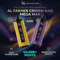 Promotional graphic for the Al Fakher Crown Bar Mega Max vape device by Vape Shop Dubai, showing two device variants side by side: one in metallic gold with black accents and one in purple with gold geometric lines. The background is a dark, blurred bokeh with purple and blue tones.