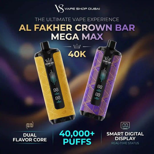 Promotional graphic for the Al Fakher Crown Bar Mega Max vape device by Vape Shop Dubai, showing two device variants side by side: one in metallic gold with black accents and one in purple with gold geometric lines. The background is a dark, blurred bokeh with purple and blue tones.