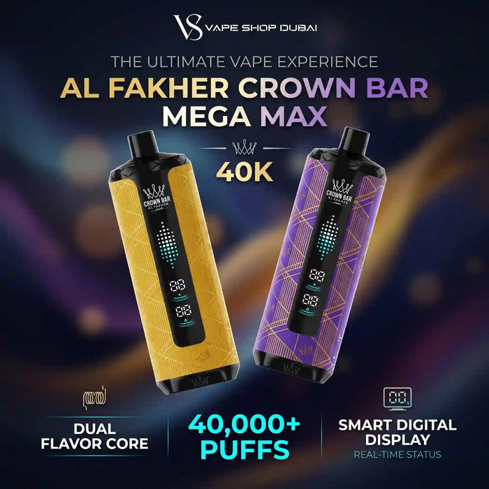 Promotional graphic for the Al Fakher Crown Bar Mega Max vape device by Vape Shop Dubai, showing two device variants side by side: one in metallic gold with black accents and one in purple with gold geometric lines. The background is a dark, blurred bokeh with purple and blue tones.