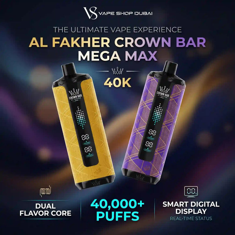 Promotional graphic for the Al Fakher Crown Bar Mega Max vape device by Vape Shop Dubai, showing two device variants side by side: one in metallic gold with black accents and one in purple with gold geometric lines. The background is a dark, blurred bokeh with purple and blue tones.