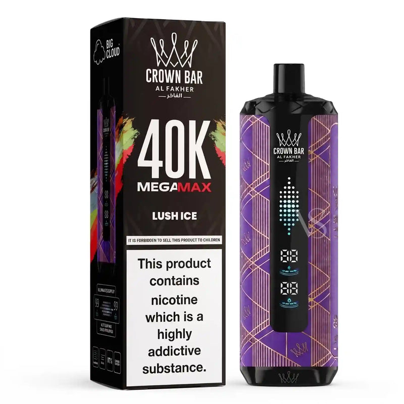 Crown Bar Al Fakher Megamax Lush Ice disposable vape device next to its black packaging box on a white background.