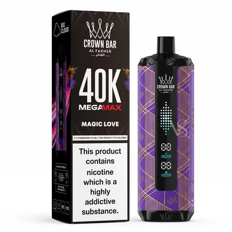 Crown Bar Al Fakher 40K Megamax disposable vape device next to its black packaging box, featuring a purple and gold geometric pattern on the device body.