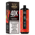 Crown Bar Al Fakher Megamax Two Apple disposable vape device next to its retail packaging box, featuring a black and red-orange geometric pattern design.
