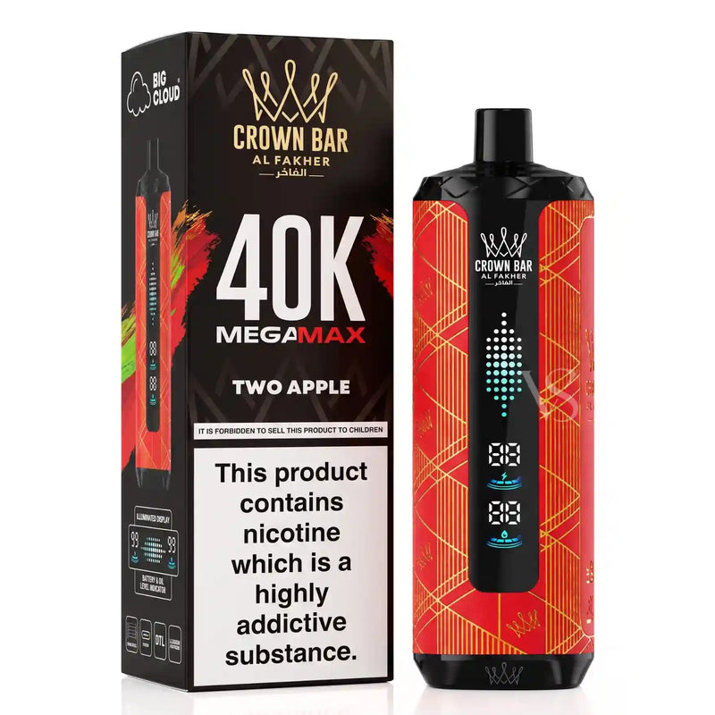 Crown Bar Al Fakher Megamax Two Apple disposable vape device next to its retail packaging box, featuring a black and red-orange geometric pattern design.