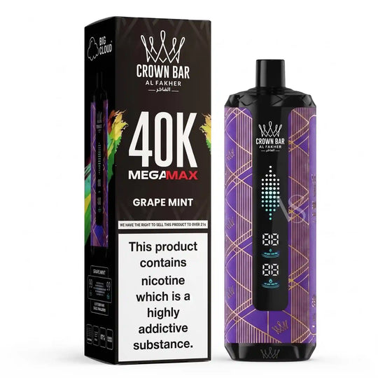 Crown Bar Alfakhier 40K Megamax Grape Mint disposable vape device next to its black packaging box on a white background.