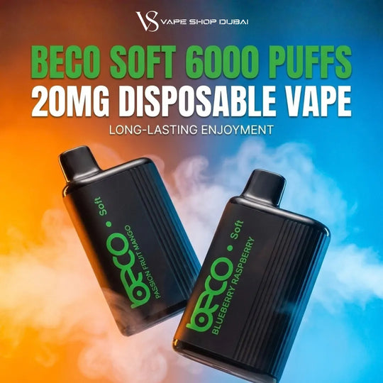Two BECO Soft disposable vape devices shown against a split orange-to-blue smoky background, with large promotional text reading 'BECO SOFT 6000 PUFFS 20MG DISPOSABLE VAPE' and 'LONG-LASTING ENJOYMENT.' Visible brand text at the top reads 'VAPE SHOP DUBAI.