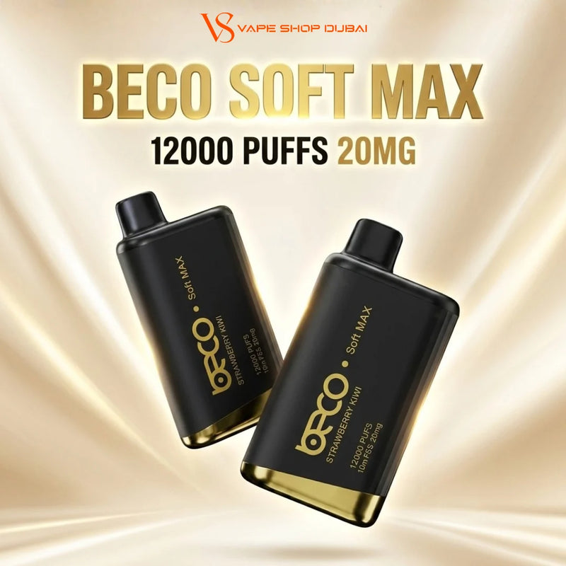 Two black BECO Soft Max disposable vape devices with gold lettering, set against a shimmering gold and beige background with promotional text reading 'BECO SOFT MAX 12000 PUFFS 20MG' and a ' Vape Shop Dubai' logo at the top.