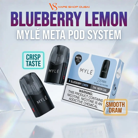 Promotional graphic for the MYLÉ Meta Pod System in Blueberry Lemon flavor, showing two black pod devices and their retail box on a light gray background with promotional text and badges.