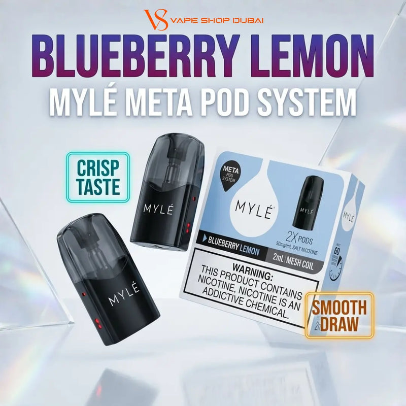 Promotional graphic for the MYLÉ Meta Pod System in Blueberry Lemon flavor, showing two black pod devices and their retail box on a light gray background with promotional text and badges.