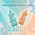 Promotional graphic for VS Vape Shop Dubai showing two disposable vape devices: a mint green 'Koi Ballon Fruit Guava' flavor and a peach 'Cheese Cake' flavor. The text reads 'THE COOLEST REVOLUTION ELFBAR JOINONE ICE' and '25000 PUFFS'.