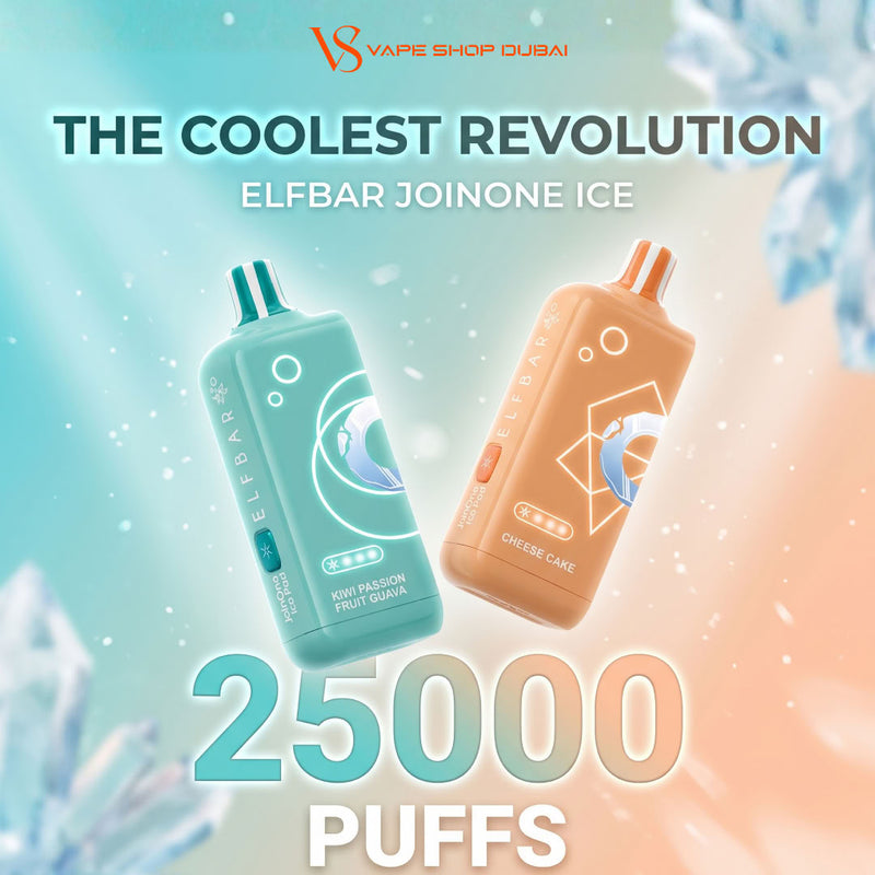Promotional graphic for VS Vape Shop Dubai showing two disposable vape devices: a mint green 'Koi Ballon Fruit Guava' flavor and a peach 'Cheese Cake' flavor. The text reads 'THE COOLEST REVOLUTION ELFBAR JOINONE ICE' and '25000 PUFFS'.